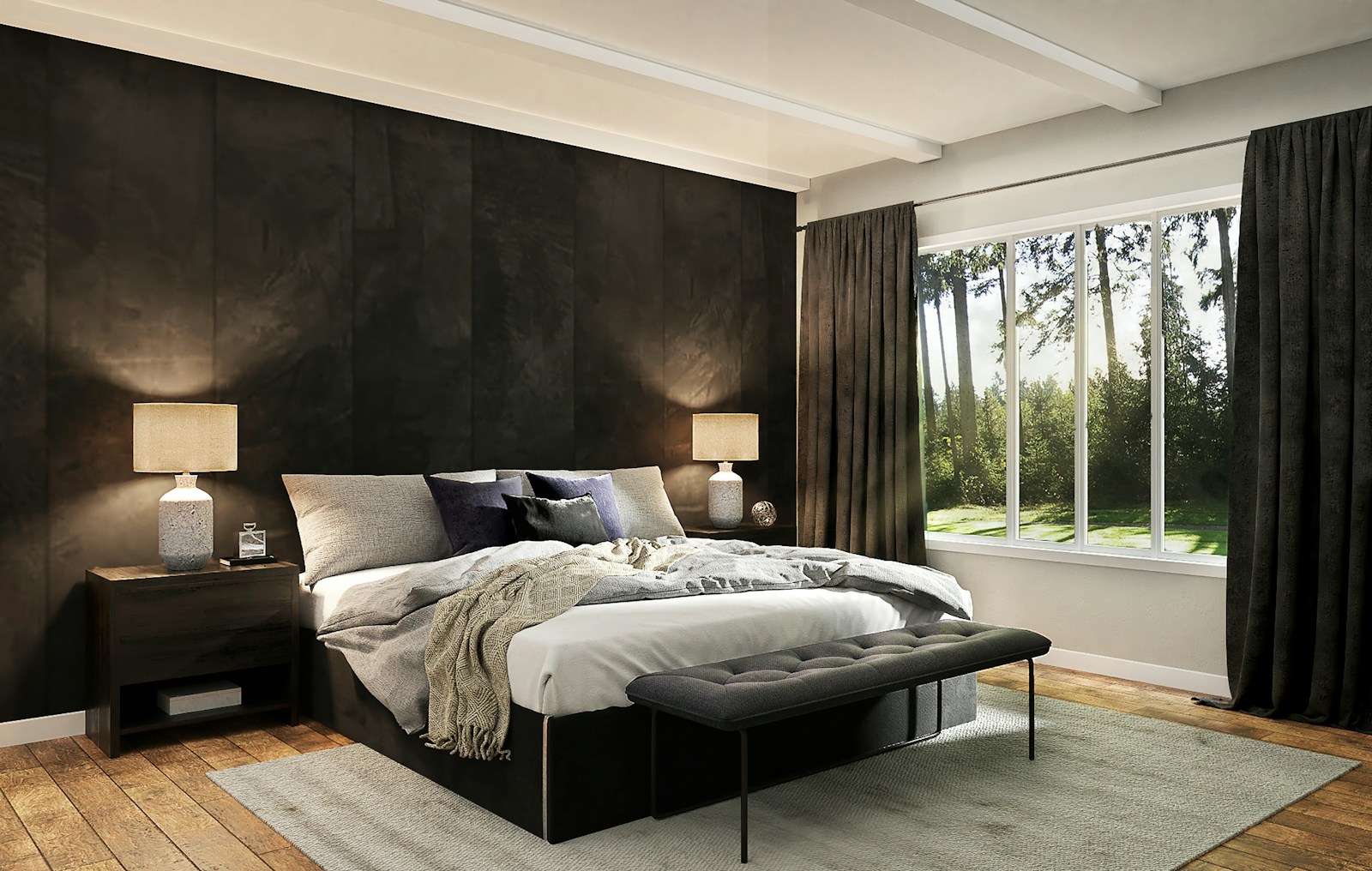 Geometric wallpaper accent wall in an elegant residential lounge