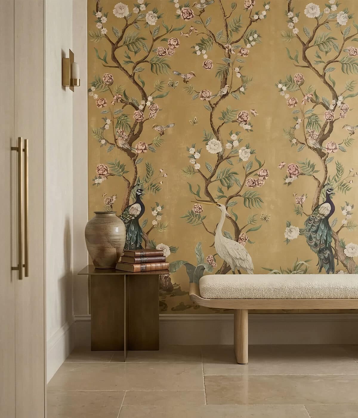 Close-up detail of fine grasscloth wallcovering texture and seam